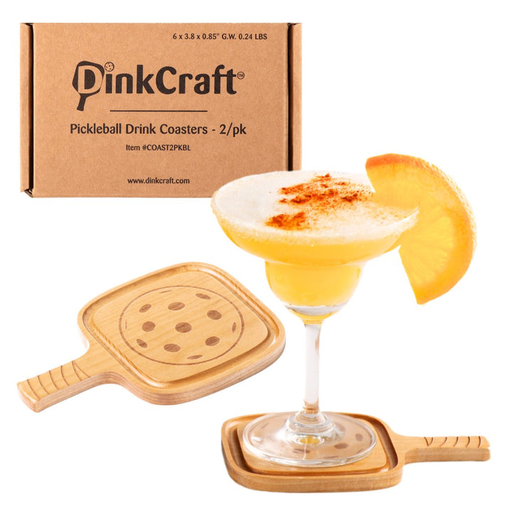 2/Pack Pickleball Drink Coasters, Cute, Fun Pickleball Gift! Party Decoration, Birch Wood Coaster Set, 3.5 x 3.5”, Paddle Shape with Handle, Varnished Finish - DinkCraft