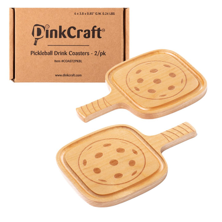 2/Pack Pickleball Drink Coasters, Cute, Fun Pickleball Gift! Party Decoration, Birch Wood Coaster Set, 3.5 x 3.5”, Paddle Shape with Handle, Varnished Finish - DinkCraft