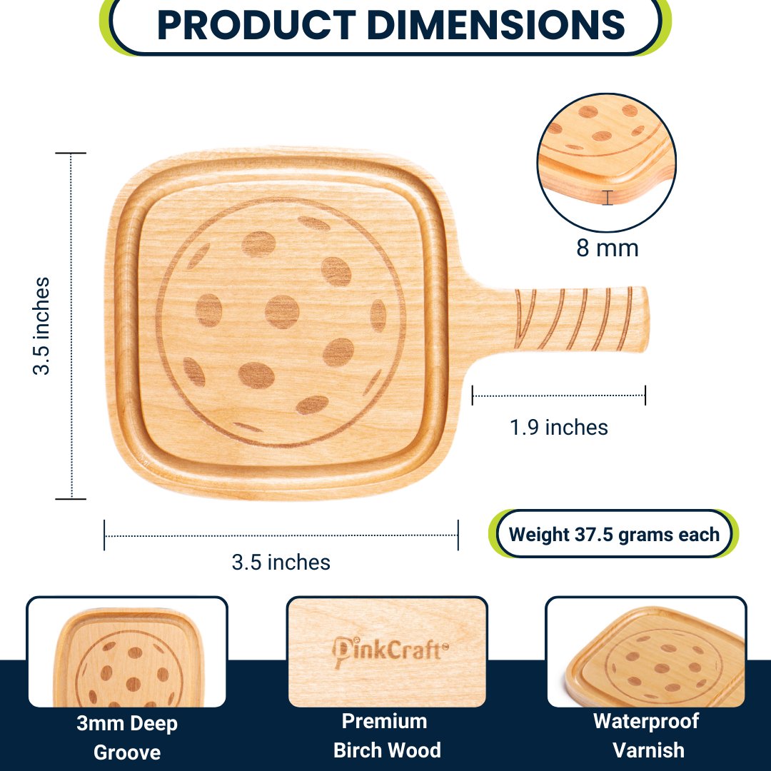 2/Pack Pickleball Drink Coasters, Cute, Fun Pickleball Gift! Party Decoration, Birch Wood Coaster Set, 3.5 x 3.5”, Paddle Shape with Handle, Varnished Finish - DinkCraft
