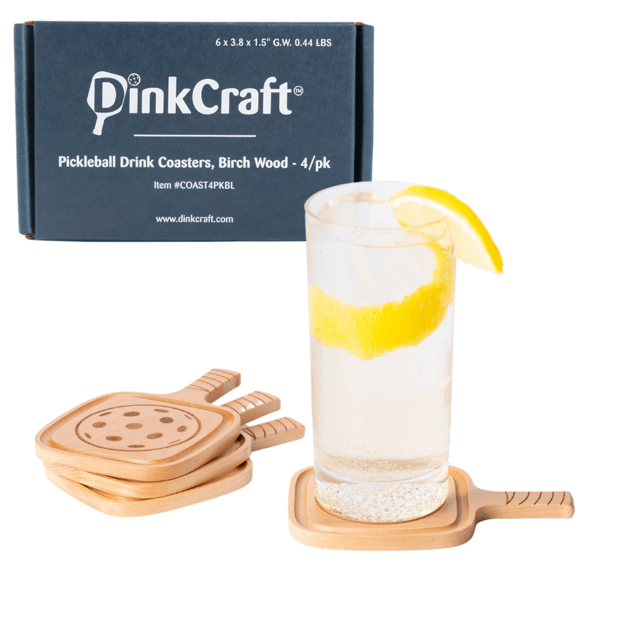 Pickleball Drink Coasters, Cute, Fun Pickleball Gift! Party Decoration, Birch Wood Coaster Set, 3.5 x 3.5”, Paddle Shape with Handle, Varnished Finish - DinkCraft